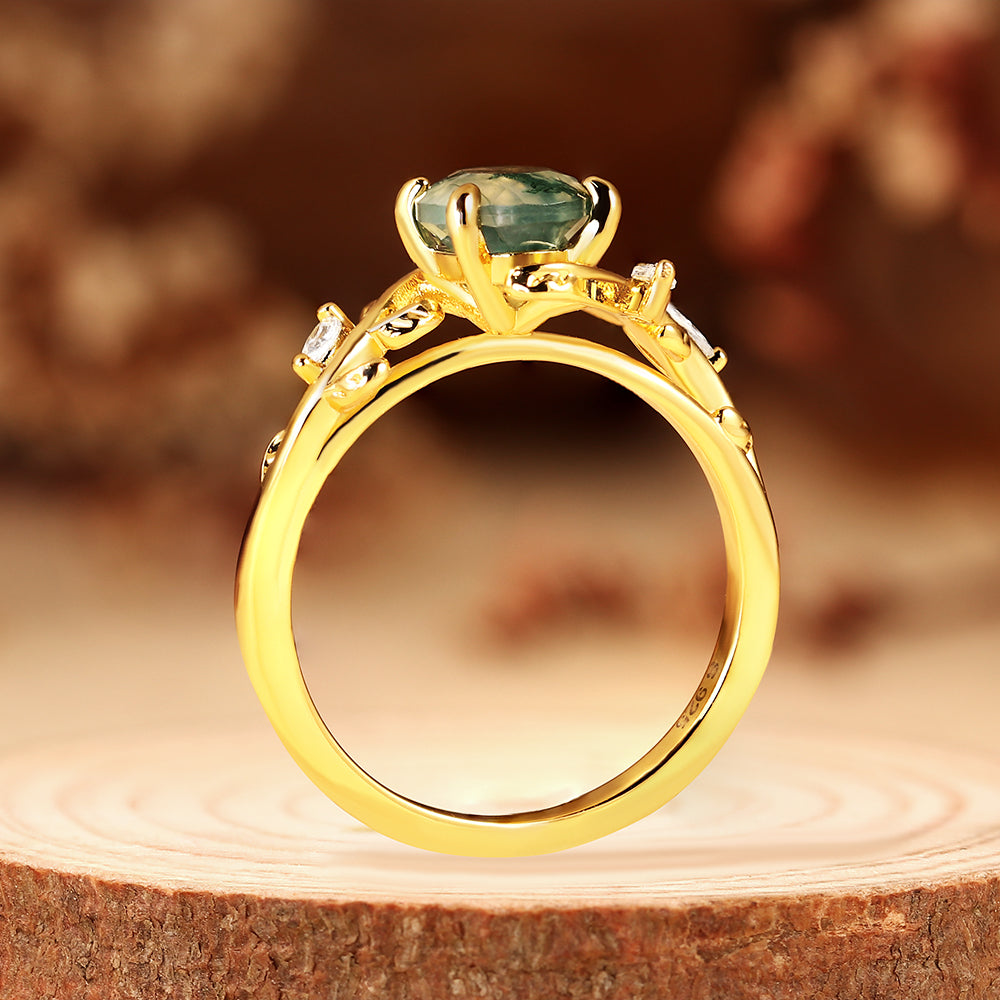 Oval Cut Moss Agate Nature Inspired Leaf Vine Twig Engagement Ring
