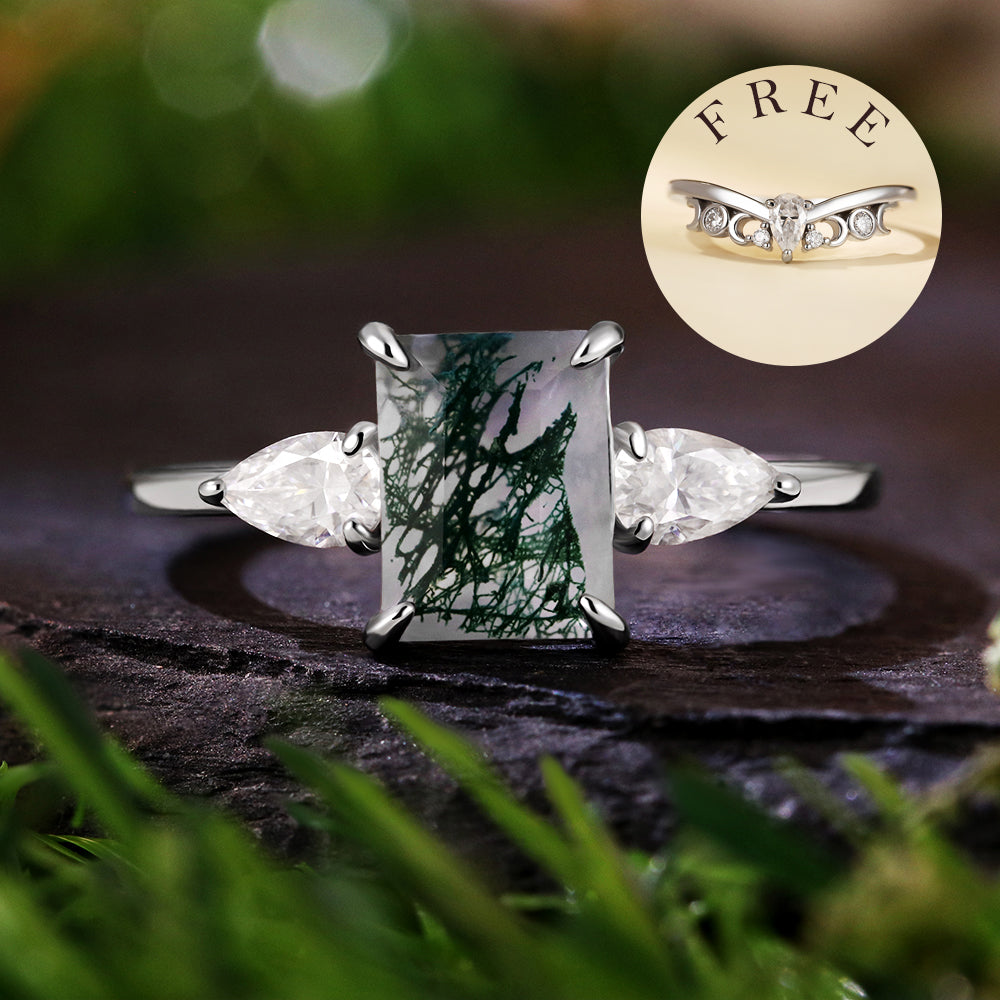 [Buy 1 Get 1 Free]6x8 Emerald Cut Moss Agate Three Stone Ring Unique Bridal Ring Set