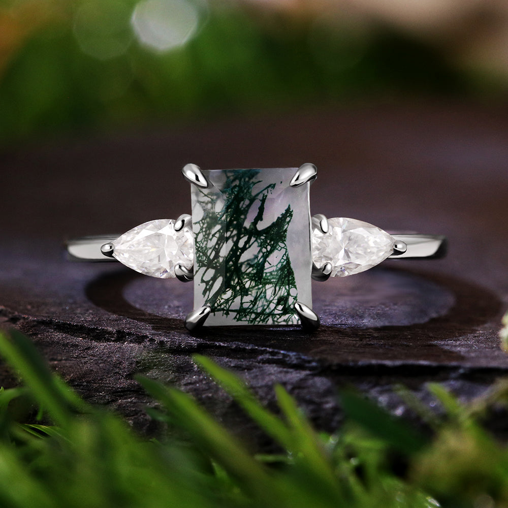 6*8 Emerald Cut Moss Agate Three Stone Ring Unique Engagement Ring