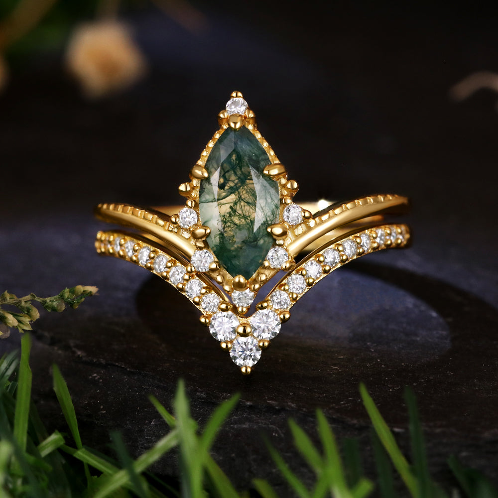 Vintage 5*10 Marquise Cut Moss Agate Retro Claw 6 Prong Bridal ring Set