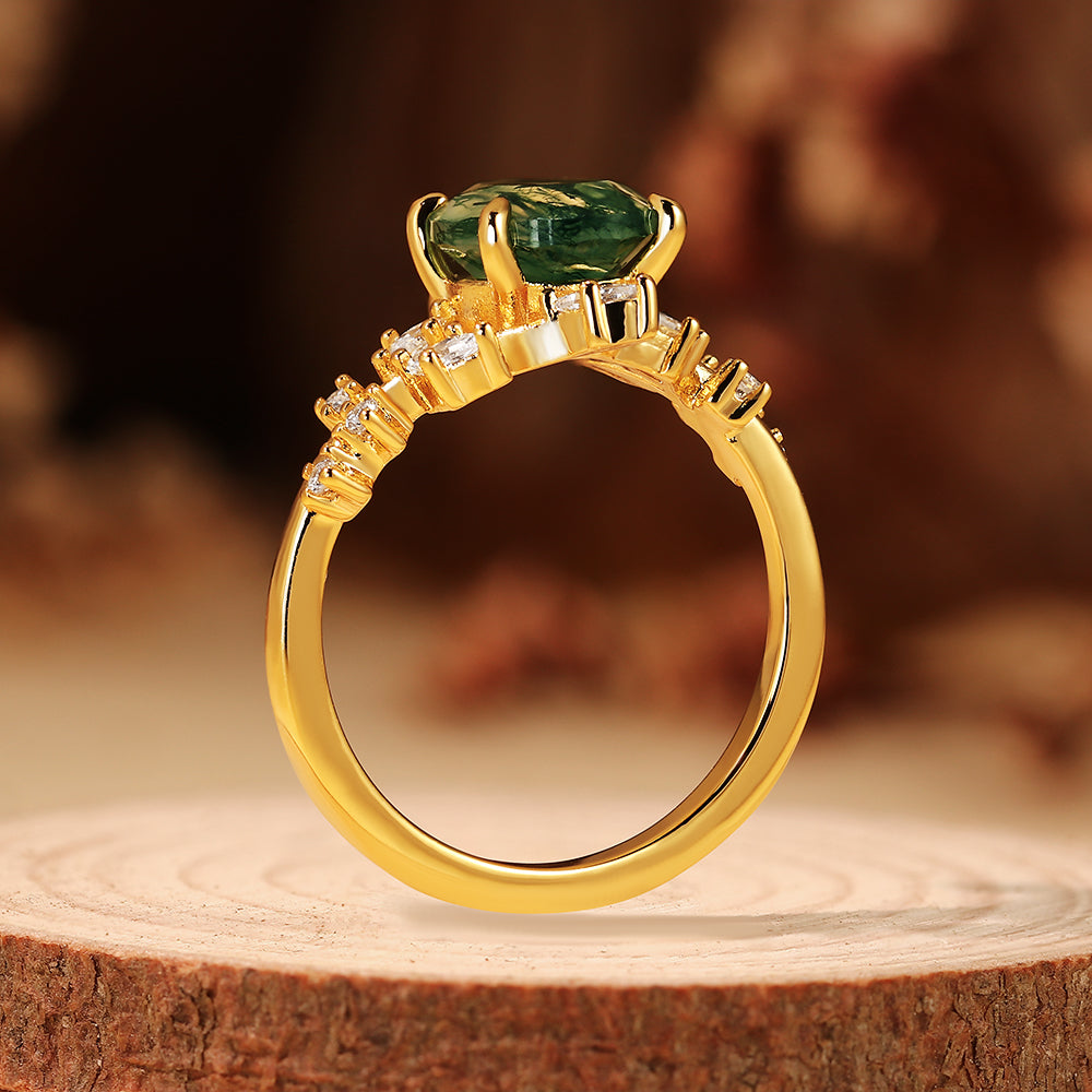 Vintage Oval Moss Agate Engagement Ring Nature Inspired Vine Cluster Ring