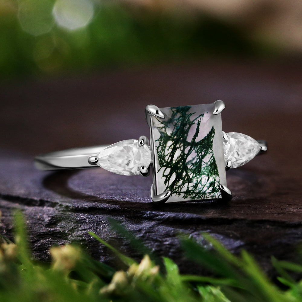 6*8 Emerald Cut Moss Agate Three Stone Ring Unique Engagement Ring