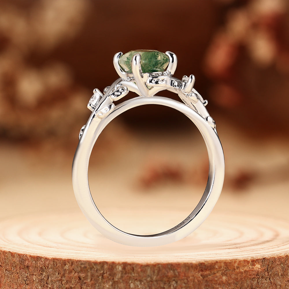 Oval Cut Moss Agate Nature Inspired Leaf Vine Twig Engagement Ring
