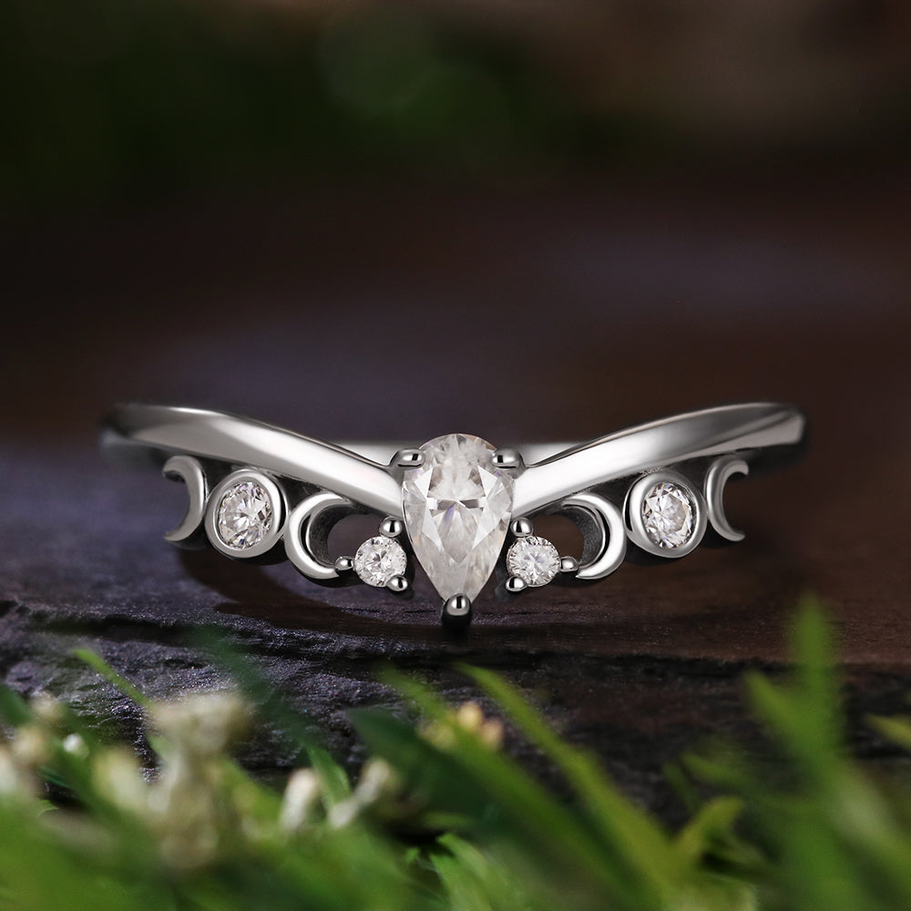 Pear Cut Moissanite Norse Viking Moon Wedding Band
