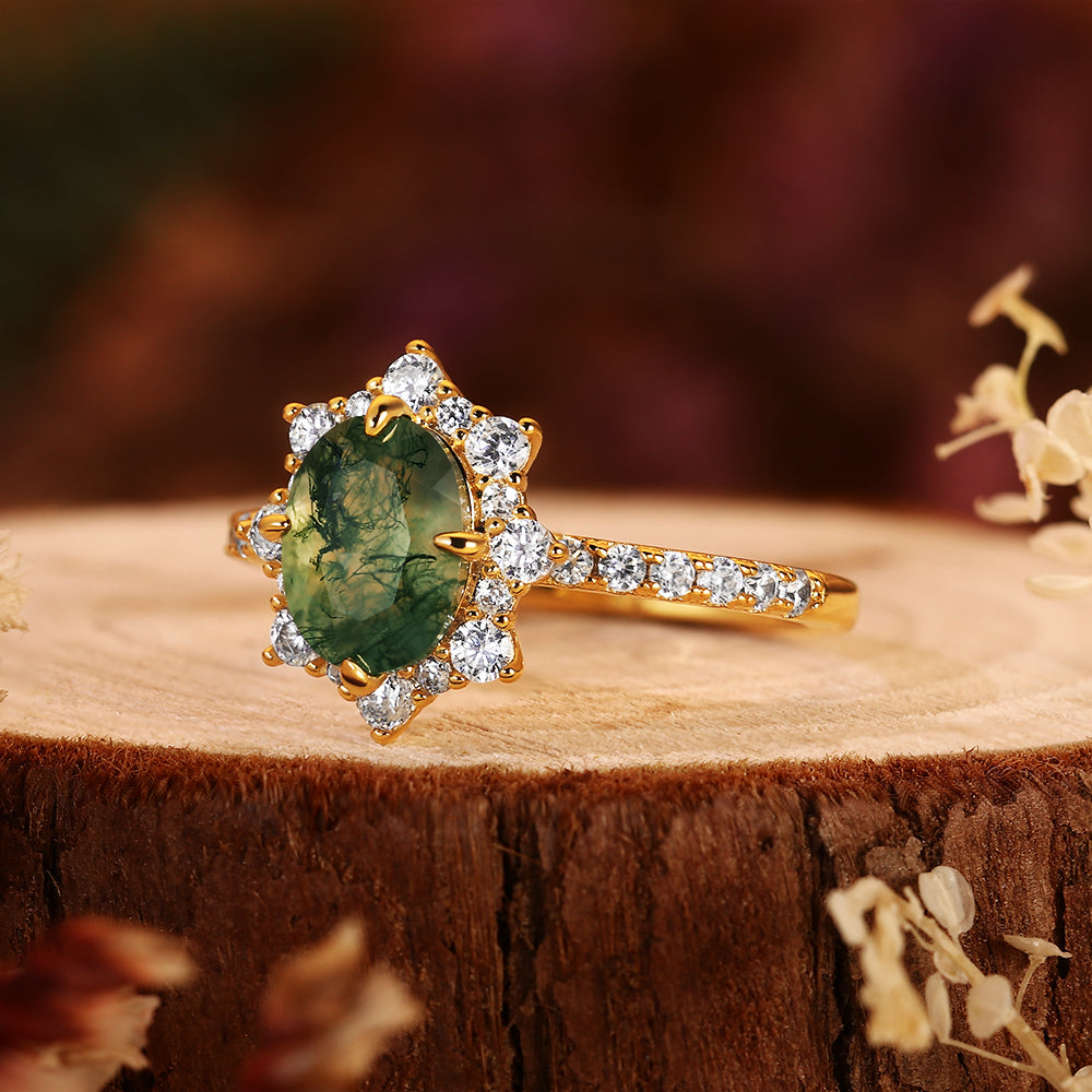 Vintage 6x8mm Oval Moss Agate Starburst Halo Engagement Ring, Nature Inspired Green Agate Jewelry