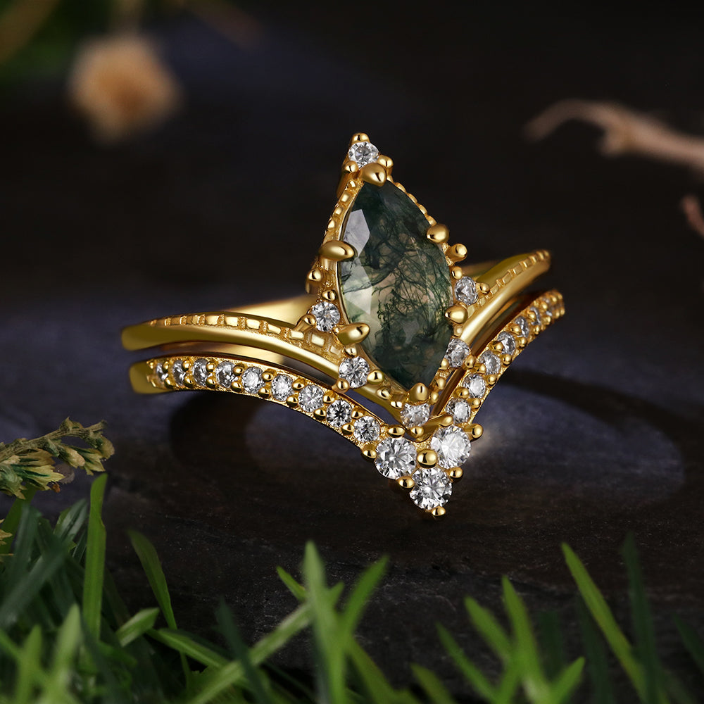 Vintage 5*10 Marquise Cut Moss Agate Retro Claw 6 Prong Bridal ring Set