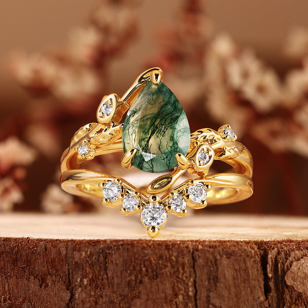 Pear Cut Moss Agate Nature Inspired Leaf Design Bridal Set with Matching Band