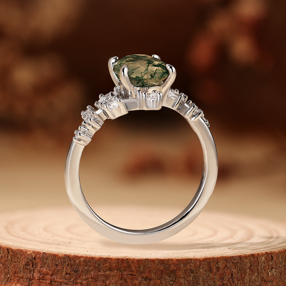 Vintage Oval Moss Agate Engagement Ring Nature Inspired Vine Cluster Ring
