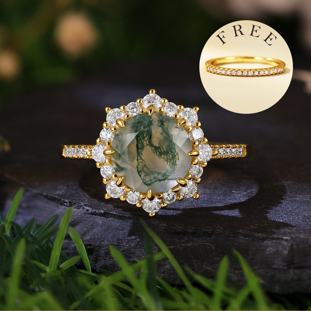 [Buy 1 Get 1 Free] 8mm Round Cut Moss Agate Halo Ring Bridal Set