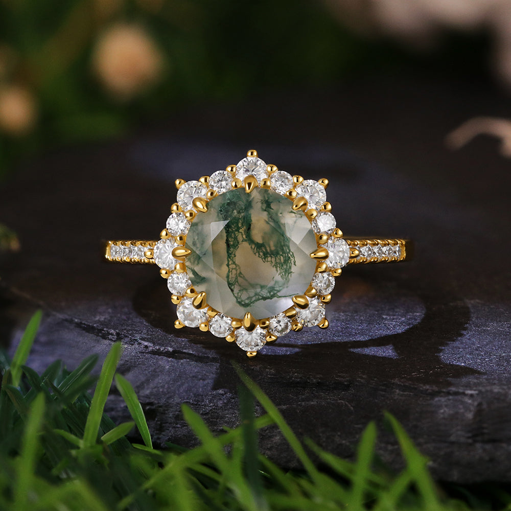 8mm Round Cut Moss Agate Vintage Halo Ring