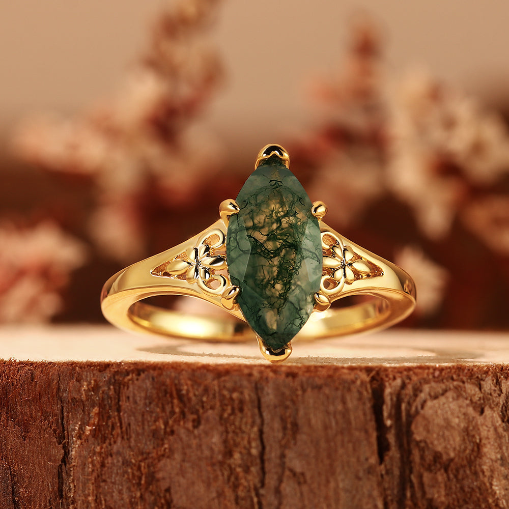 Marquise Cut Moss Agate Vintage Floral Filigree Engagement Ring