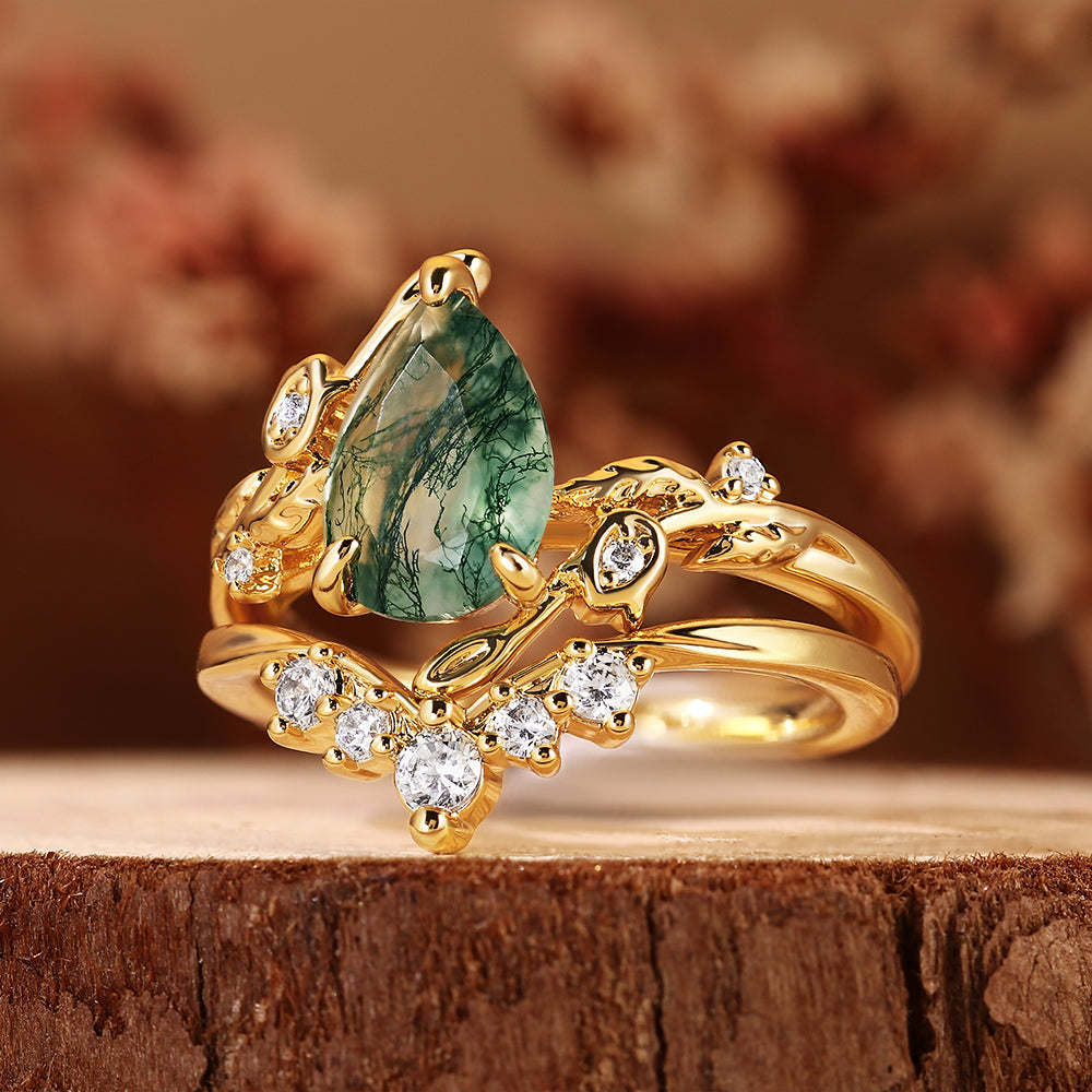 Pear Cut Moss Agate Nature Inspired Leaf Design Bridal Set with Matching Band