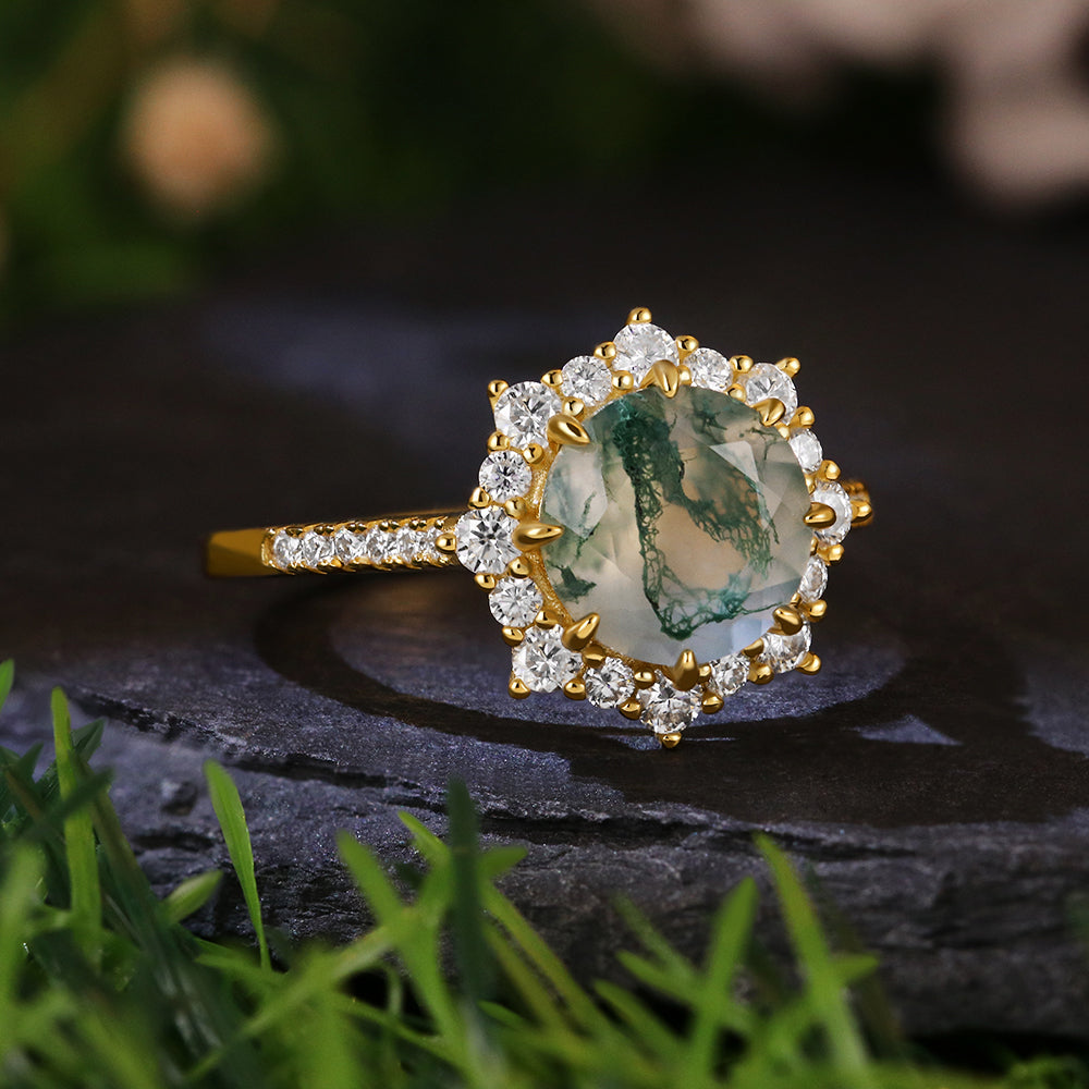 8mm Round Cut Moss Agate Vintage Halo Ring