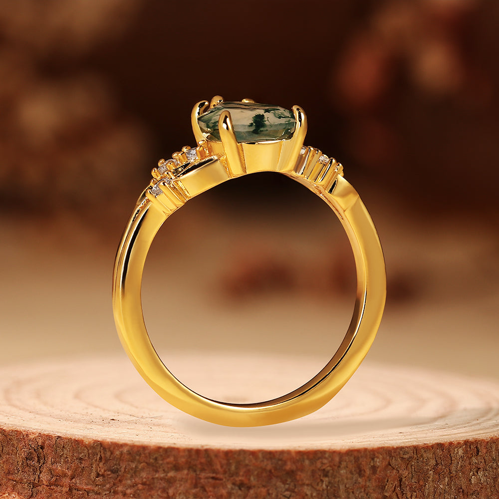 Unique Pear Shaped Moss Agate Nature Inspired Leaf Cluster Engagement Ring