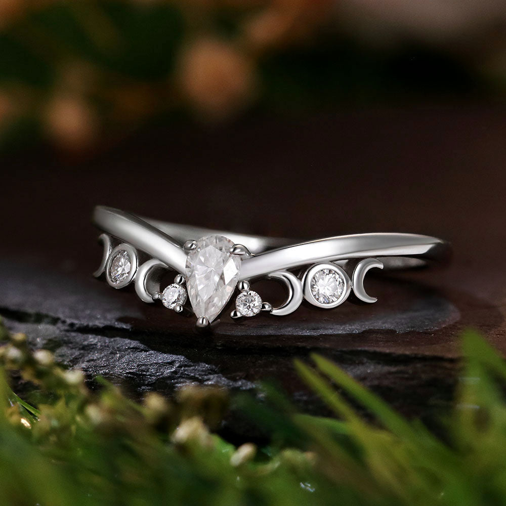 Pear Cut Moissanite Norse Viking Moon Wedding Band