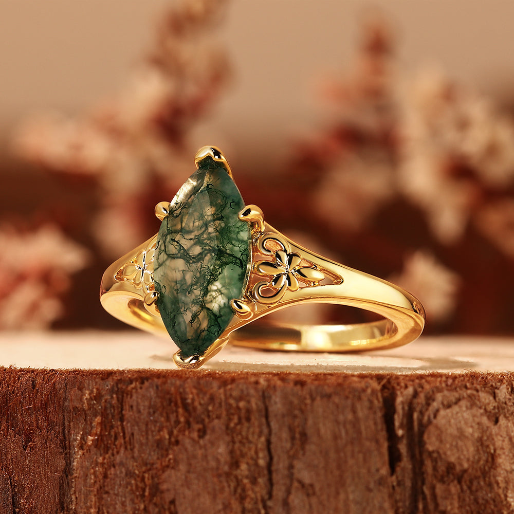 Marquise Cut Moss Agate Vintage Floral Filigree Engagement Ring