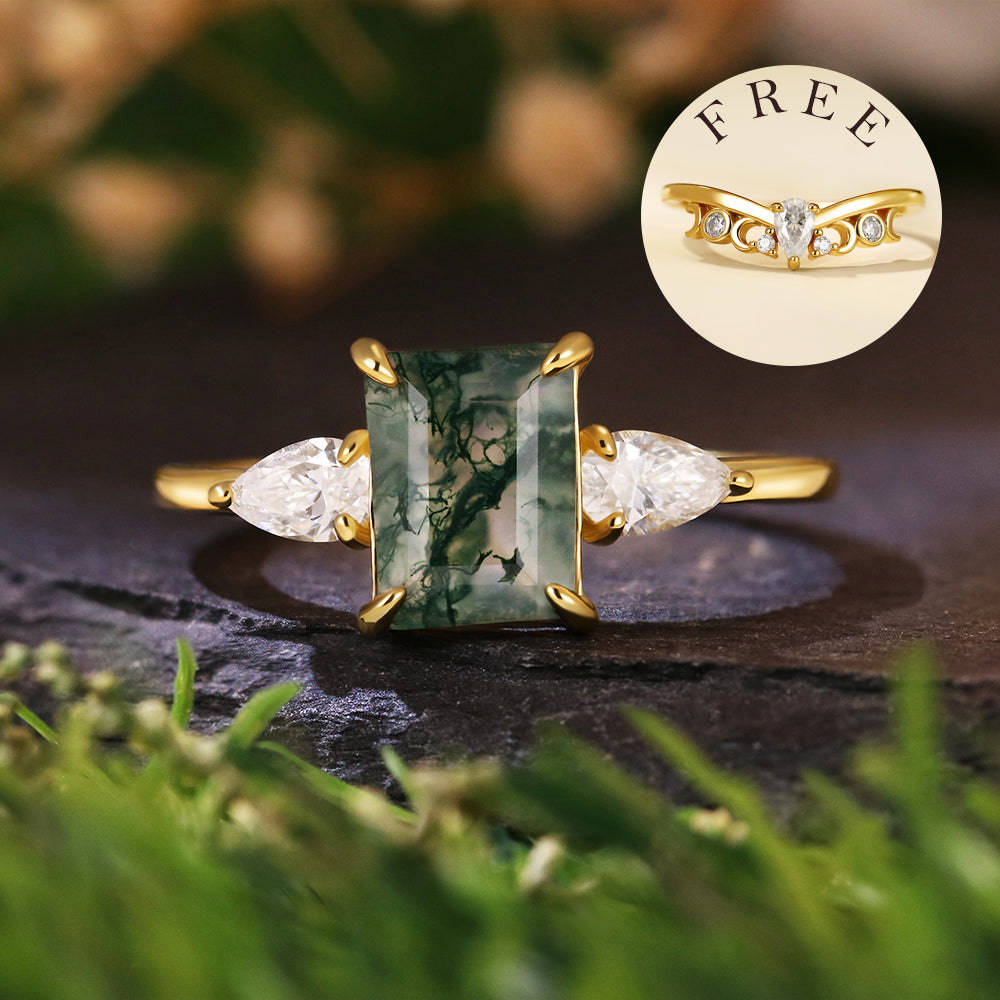 [Buy 1 Get 1 Free]6x8 Emerald Cut Moss Agate Three Stone Ring Unique Bridal Ring Set