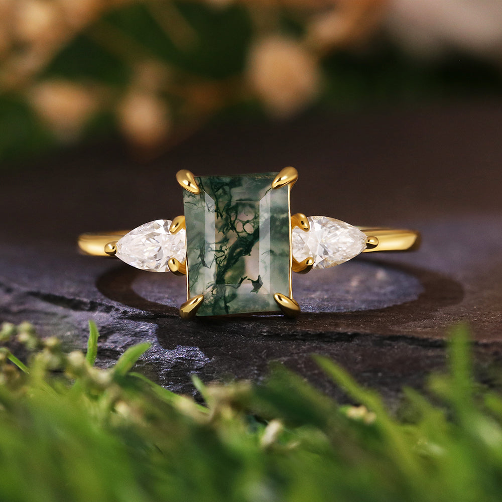 6*8 Emerald Cut Moss Agate Three Stone Ring Unique Engagement Ring