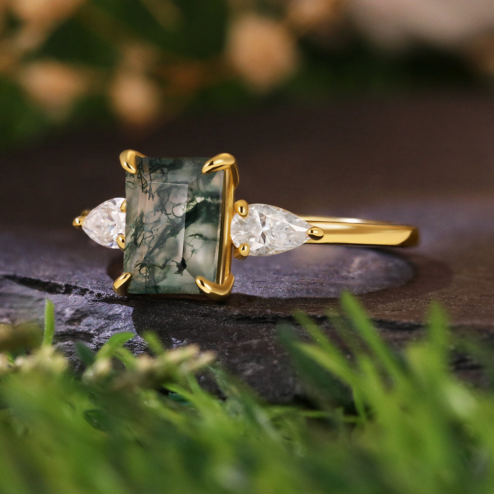 6*8 Emerald Cut Moss Agate Three Stone Ring Unique Engagement Ring