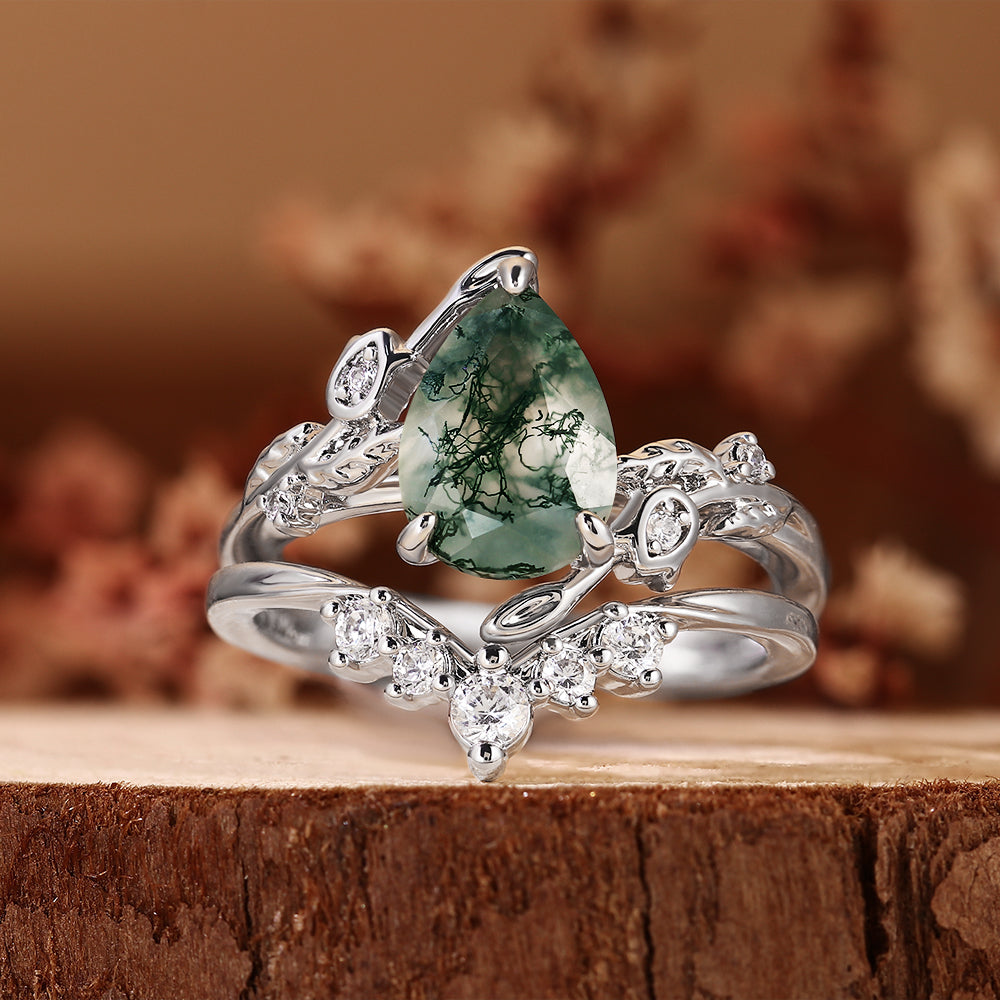 Pear Cut Moss Agate Nature Inspired Leaf Design Bridal Set with Matching Band