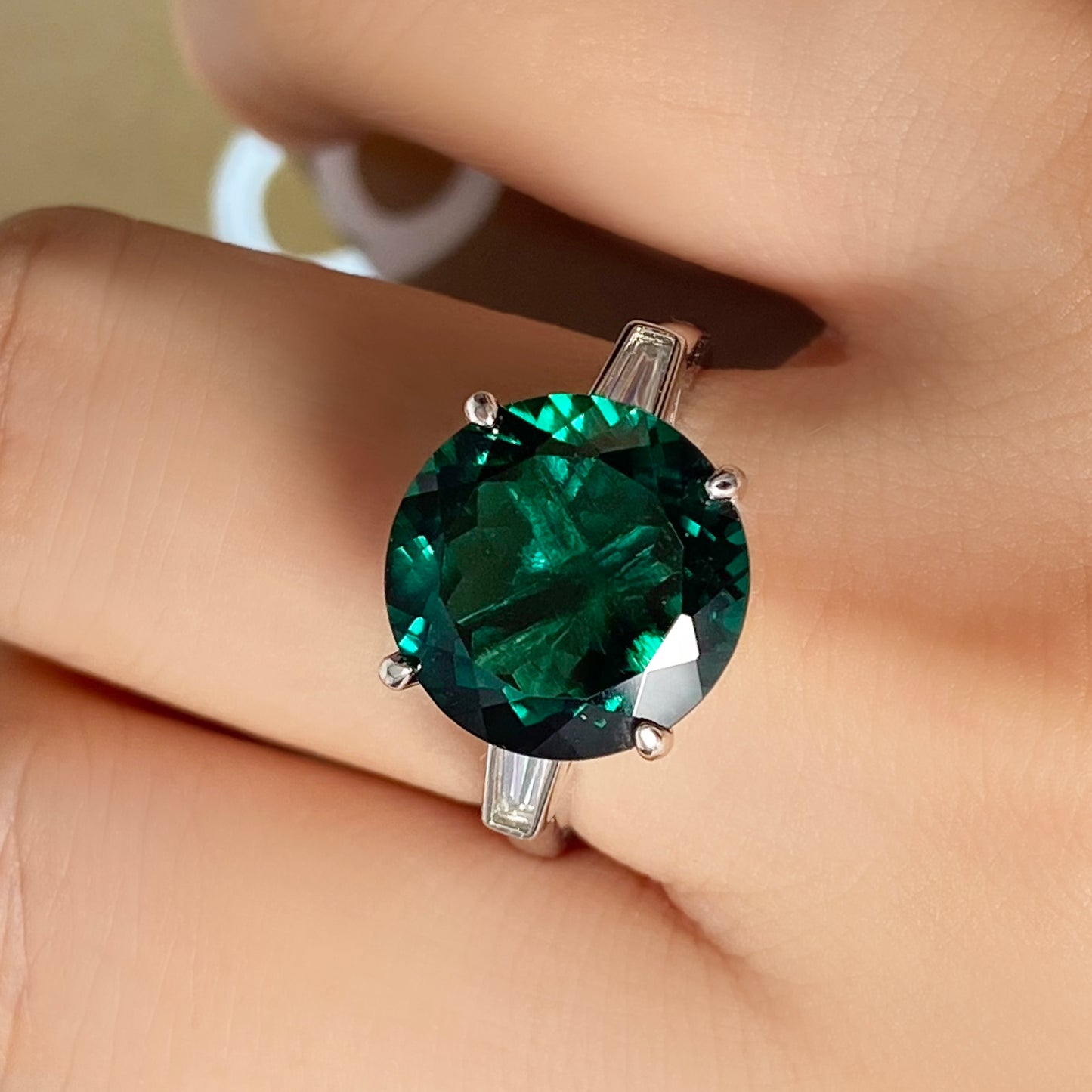 Round Lab Emerald Three Stone Engagement Ring with Moissanite Side Stones
