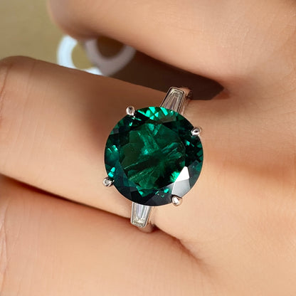 Round Lab Emerald Three Stone Engagement Ring with Moissanite Side Stones