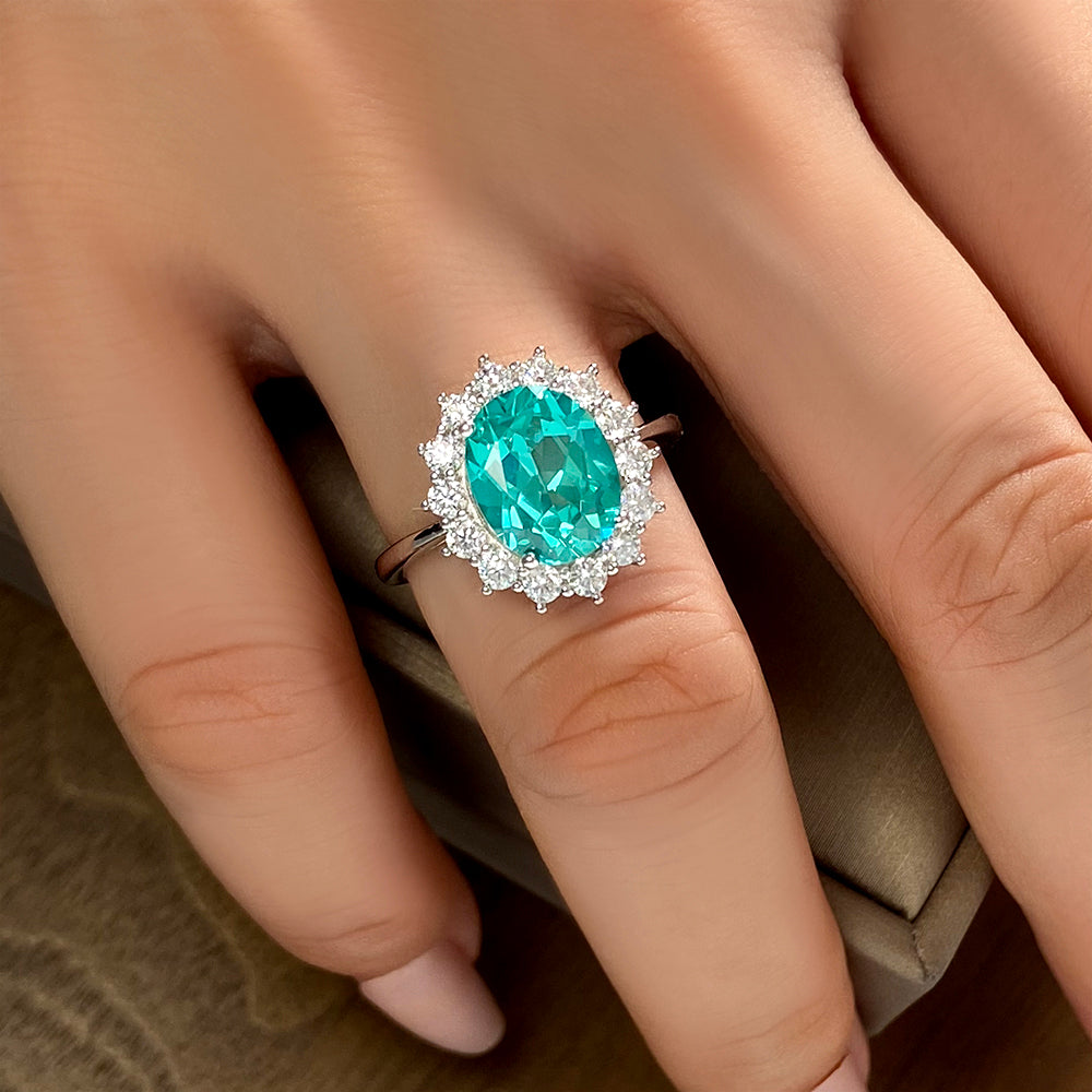 5.07 Carat Oval Lab Paraiba Flower Inspired Design Cluster Engagement Ring