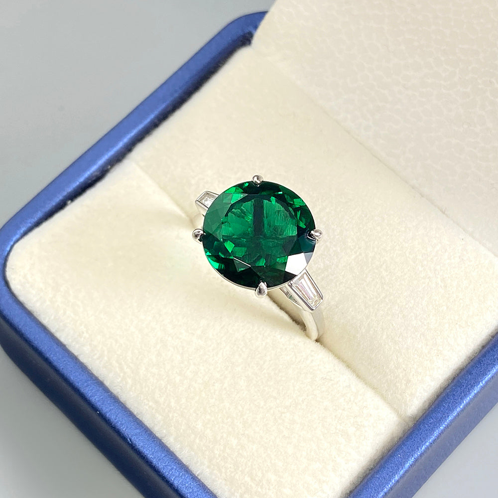 Round Lab Emerald Three Stone Engagement Ring with Moissanite Side Stones