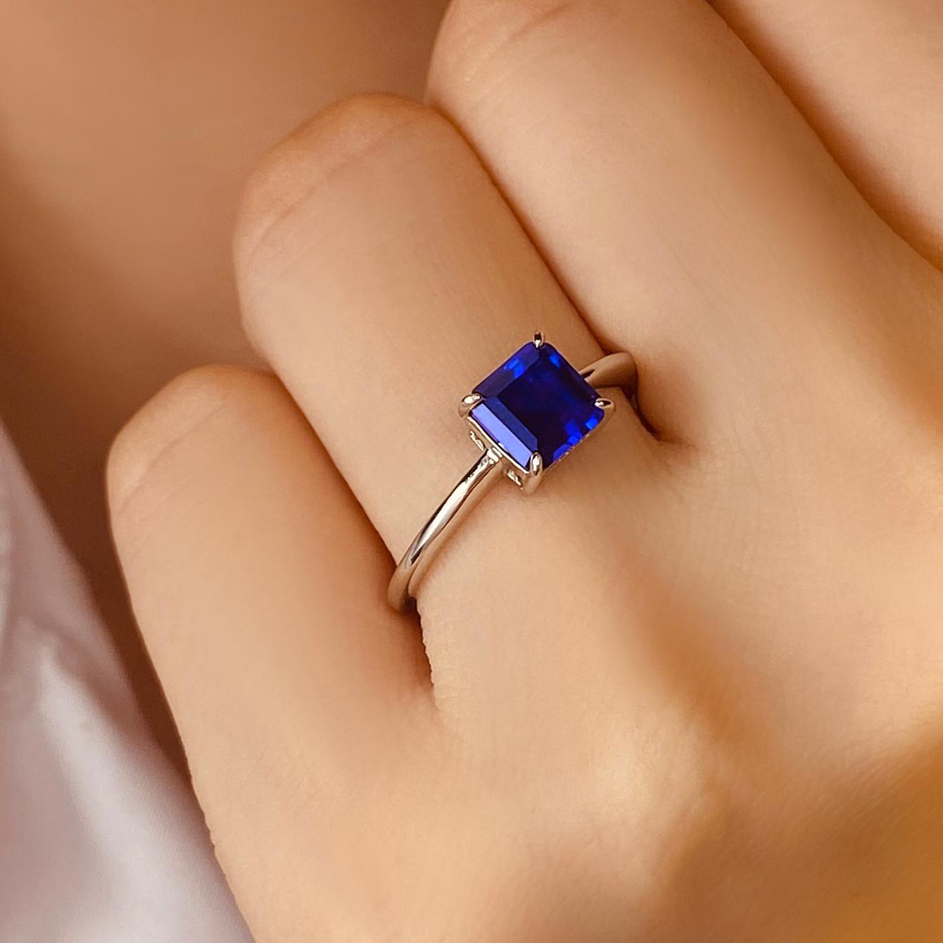 Asscher Lab Sapphire Solitaire Engagement Ring