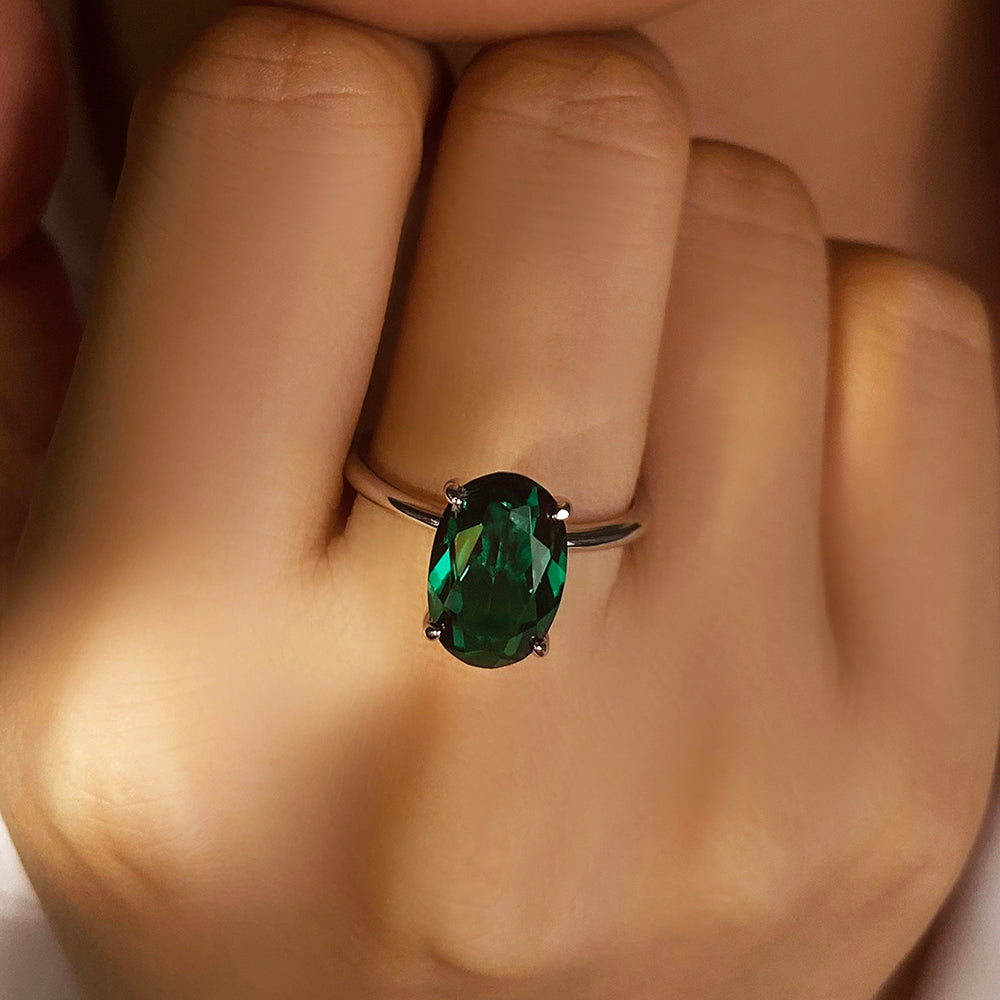 Oval Lab Emerald Solitaire Engagement Ring