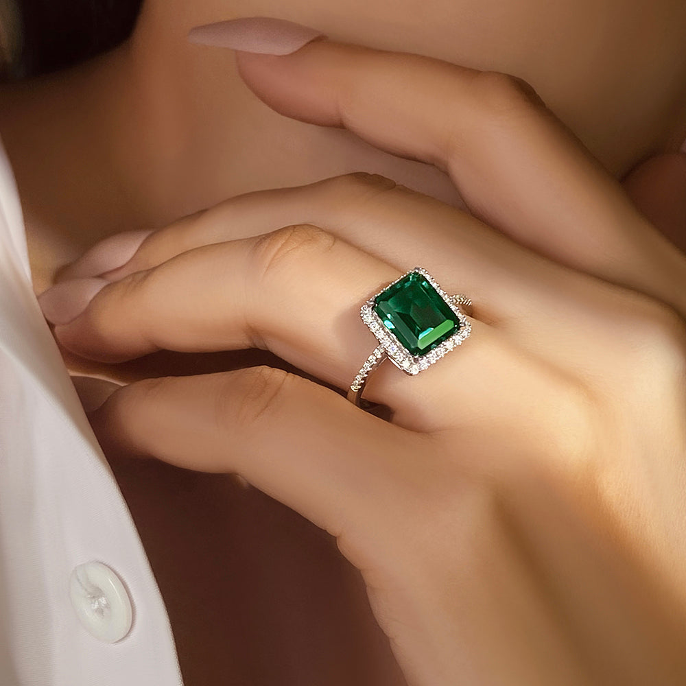 3.06 ct Emerald Cut Lab Emerald Halo Engagement Ring With Moissanite