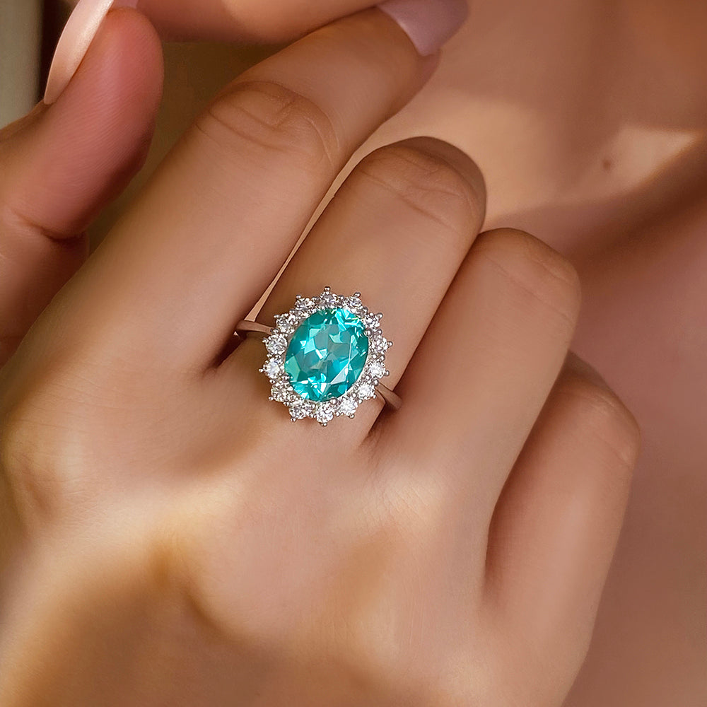 5.07 Carat Oval Lab Paraiba Flower Inspired Design Cluster Engagement Ring
