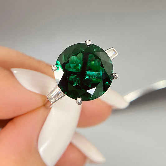 Round Lab Emerald Three Stone Engagement Ring with Moissanite Side Stones