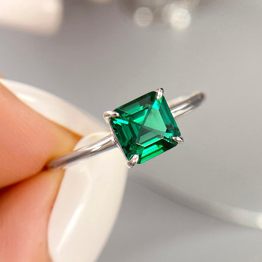 Asscher Lab Emerald Solitaire Engagement Ring