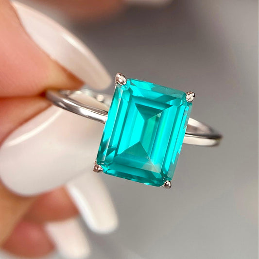 Emerald Cut Lab Paraiba Solitaire Engagement Ring