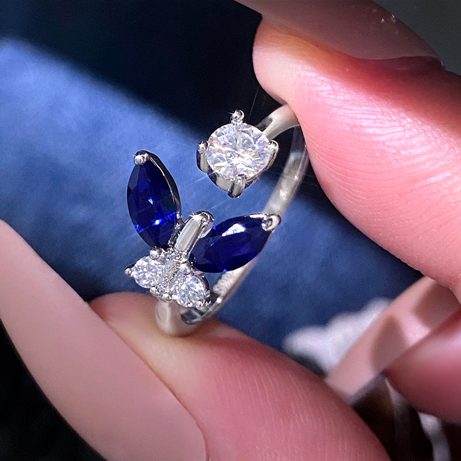 Marquis Lab Sapphire Butterfly Open band Engagement Ring with Moissanite