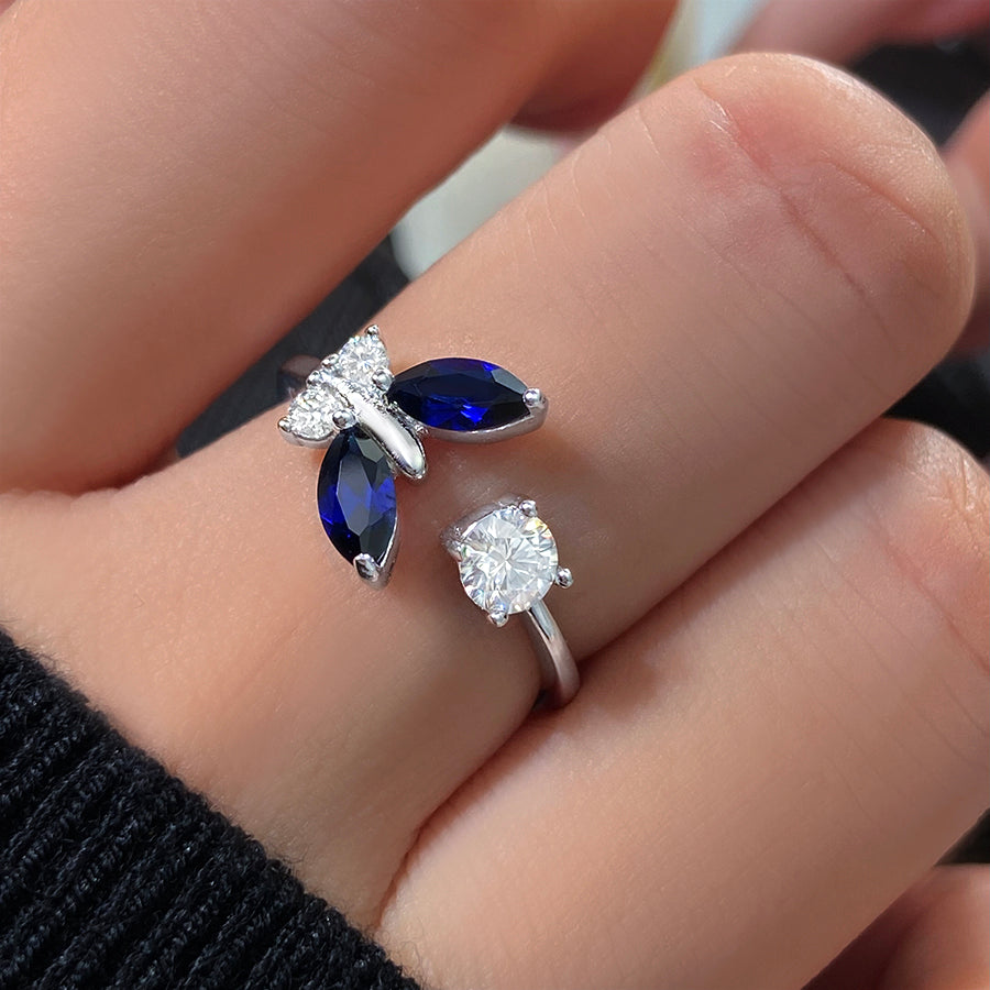 Marquis Lab Sapphire Butterfly Open band Engagement Ring with Moissanite
