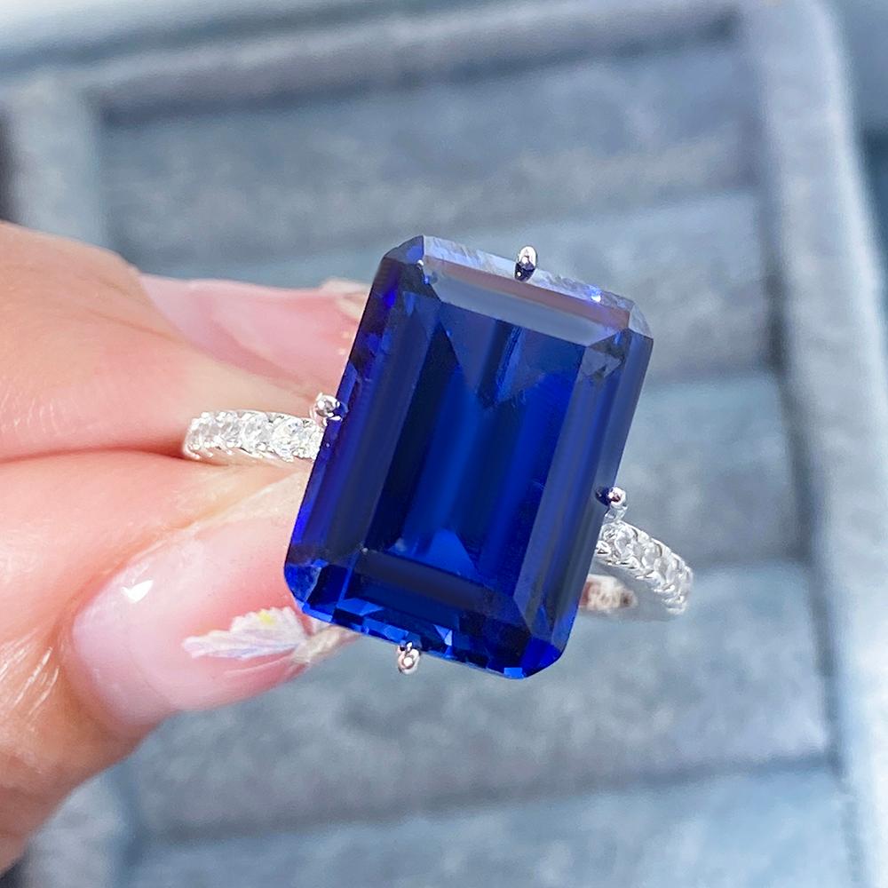 8.46 ct Emerald Cut Lab Sapphire Accents Engagement Ring