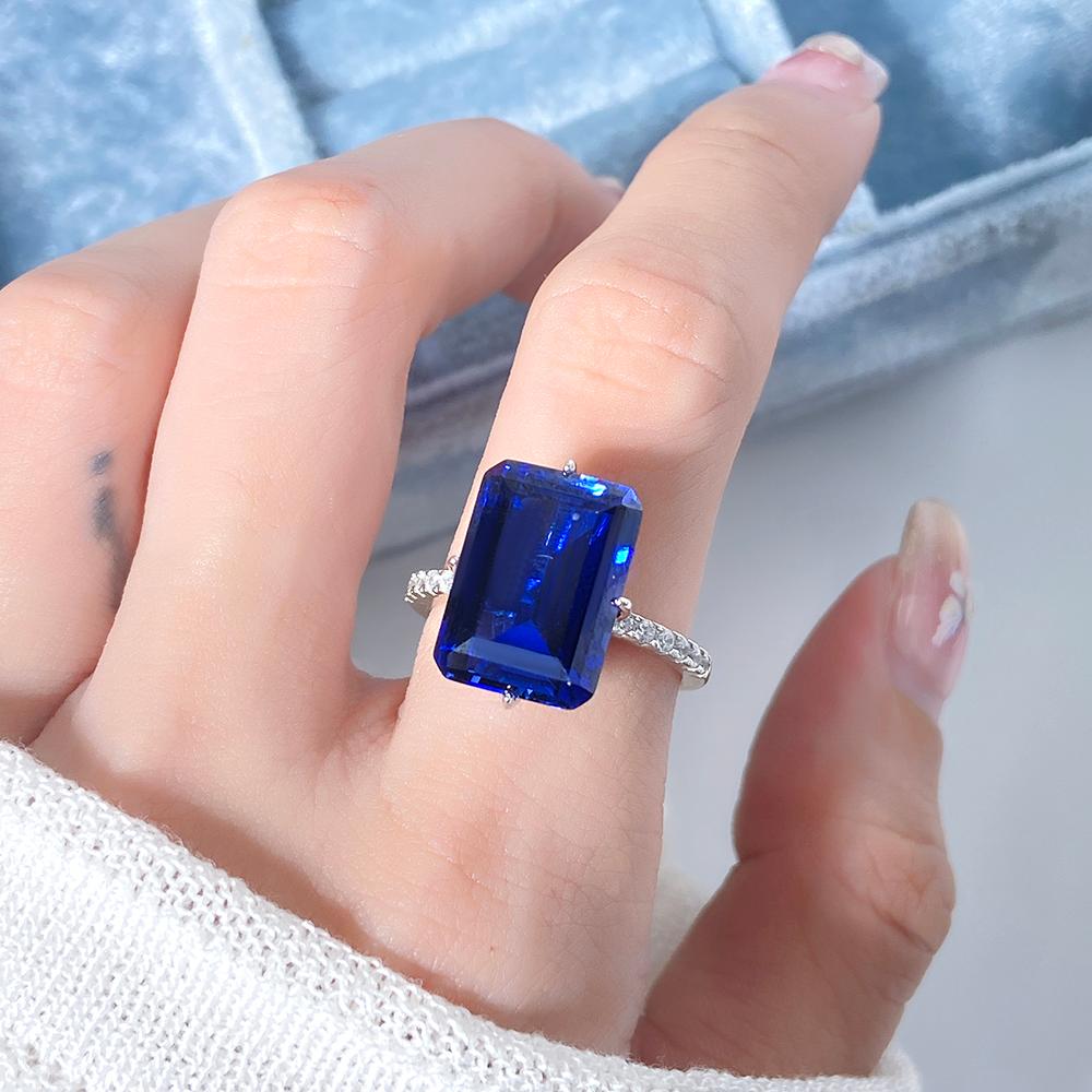 8.46 ct Emerald Cut Lab Sapphire Accents Engagement Ring