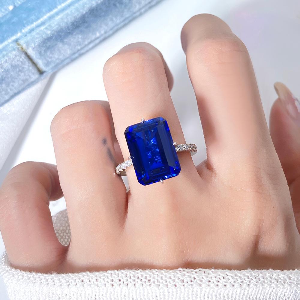 8.46 ct Emerald Cut Lab Sapphire Accents Engagement Ring