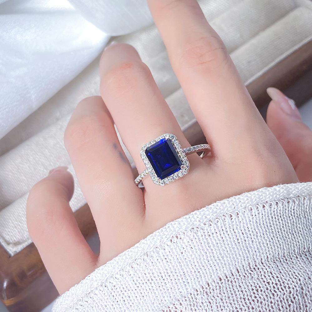 Emerald Cut Lab Sapphire Halo Engagement Ring with Moissanite
