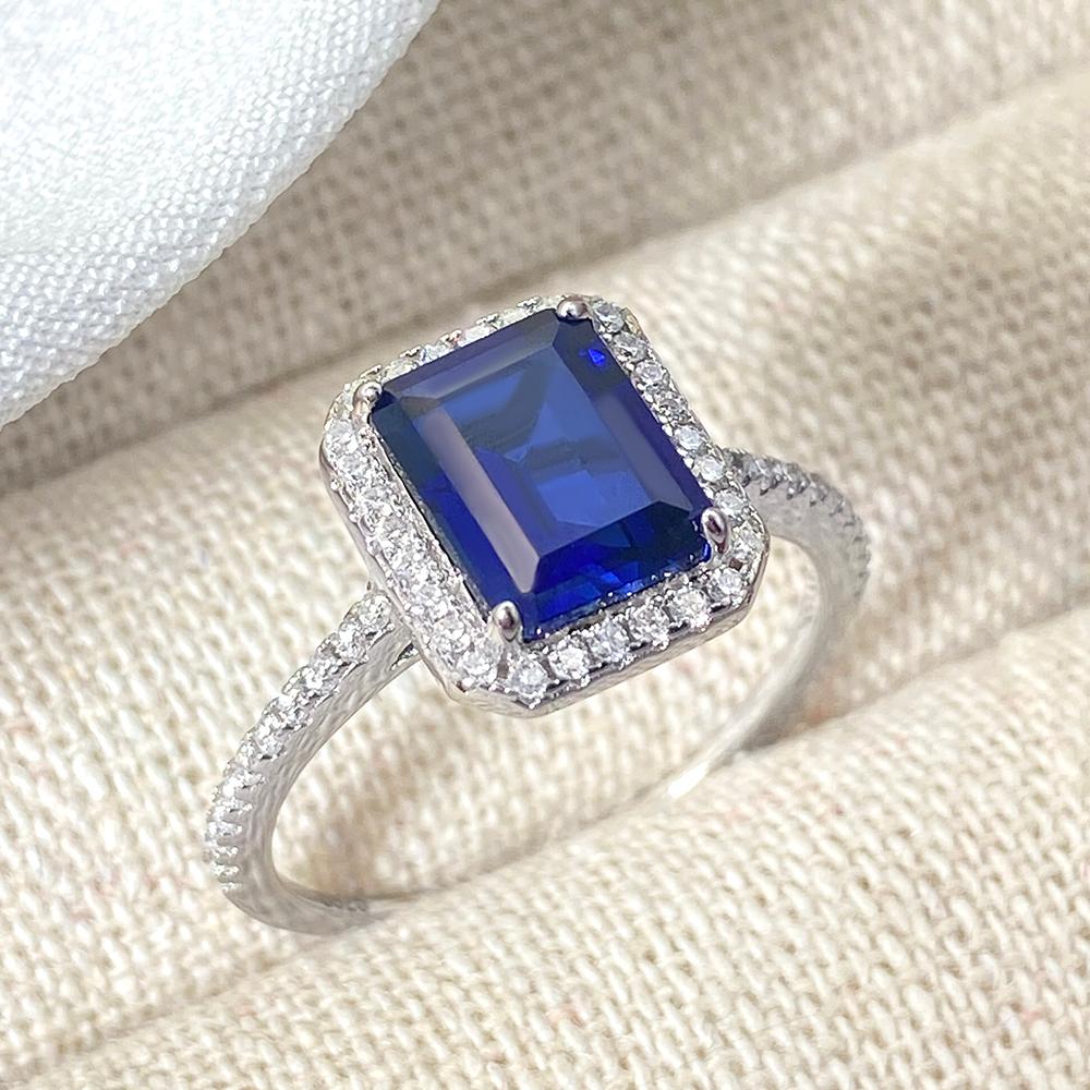 Emerald Cut Lab Sapphire Halo Engagement Ring with Moissanite