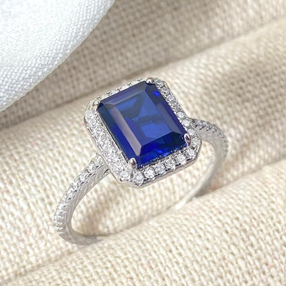 Emerald Cut Lab Sapphire Halo Engagement Ring with Moissanite