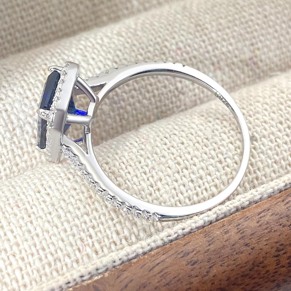 Emerald Cut Lab Sapphire Halo Engagement Ring with Moissanite
