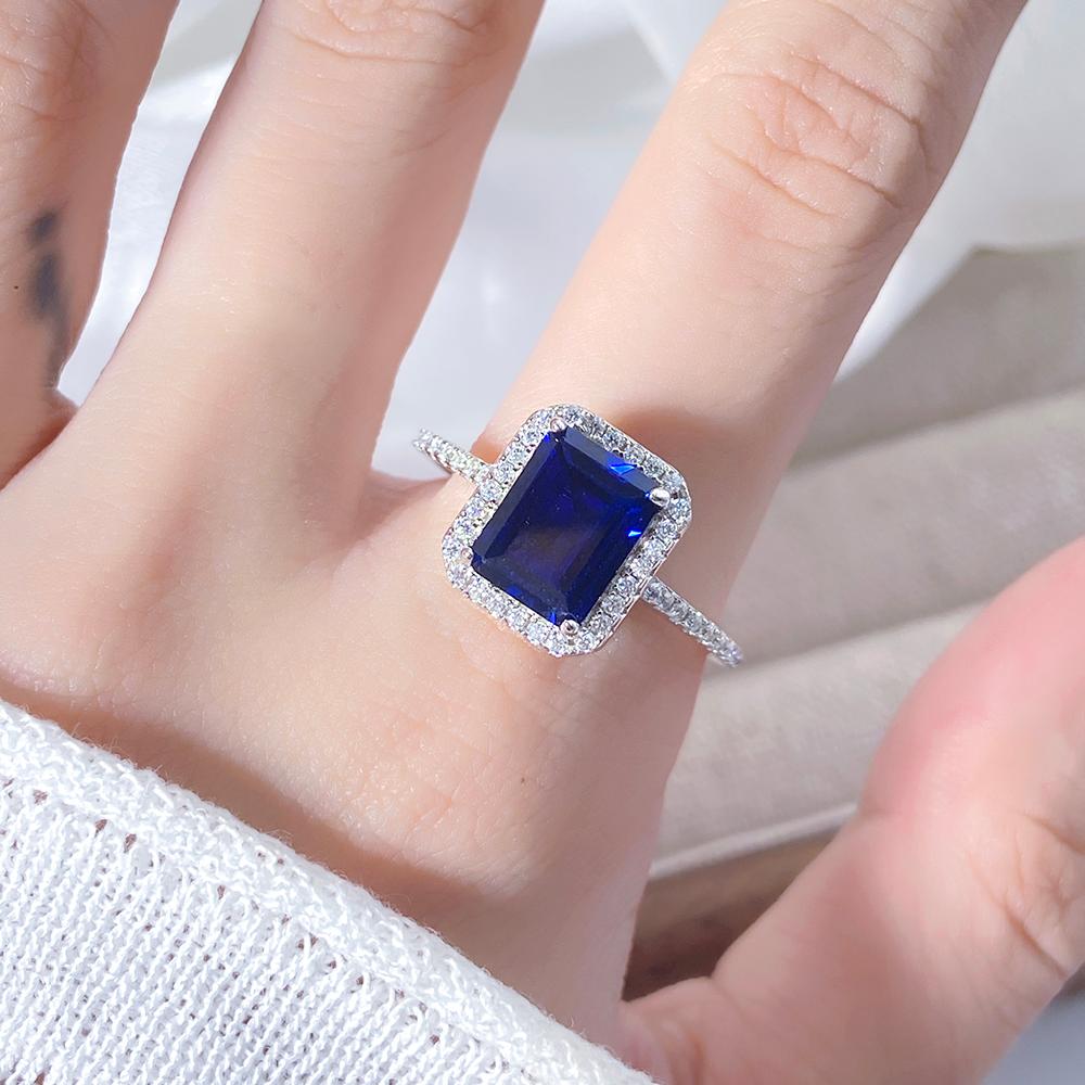 Emerald Cut Lab Sapphire Halo Engagement Ring with Moissanite