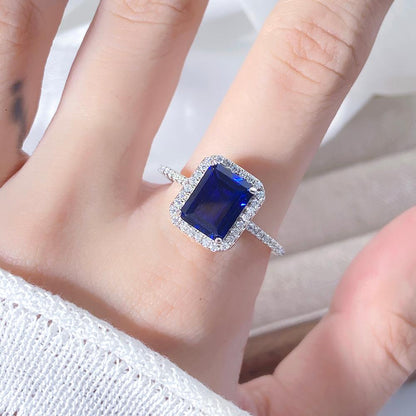 Emerald Cut Lab Sapphire Halo Engagement Ring with Moissanite