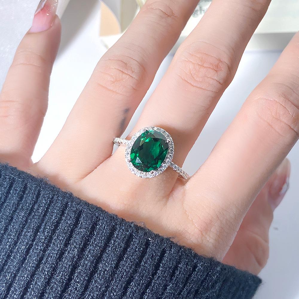 Oval Lab Emerald Halo Engagement Ring with Moissanite
