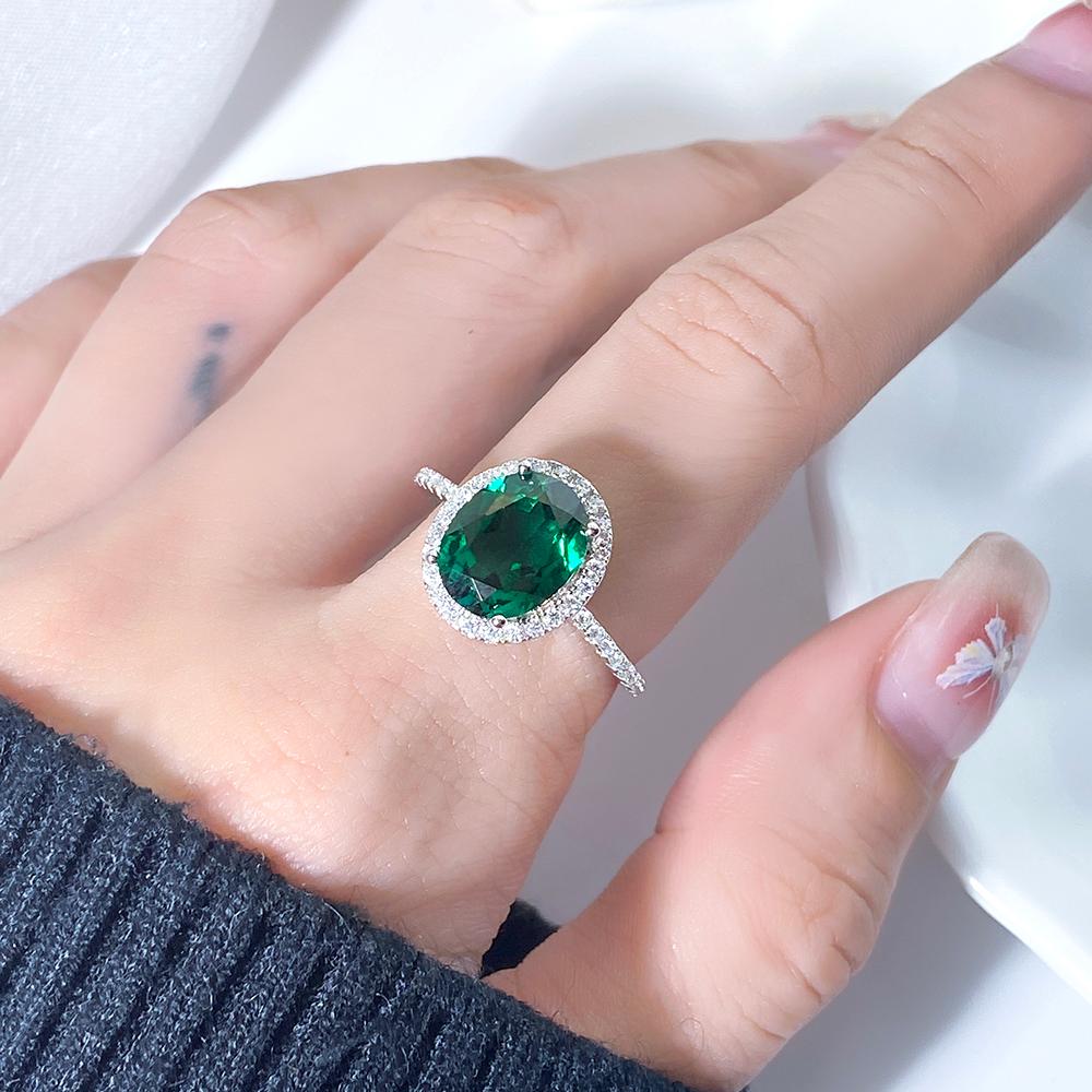 Oval Lab Emerald Halo Engagement Ring with Moissanite