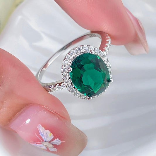Oval Lab Emerald Halo Engagement Ring with Moissanite