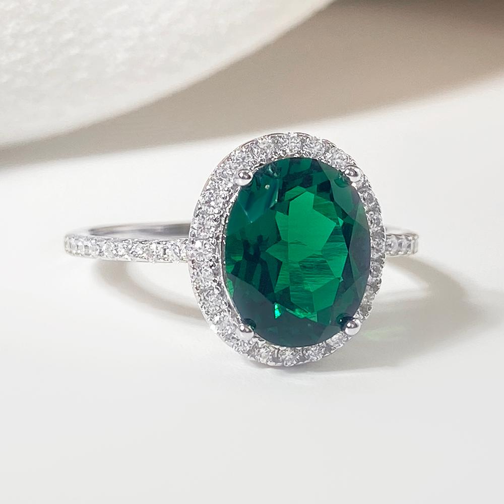 Oval Lab Emerald Halo Engagement Ring with Moissanite